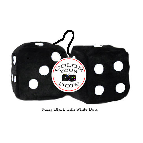 Black and white furry fuzzy dice hanging from rear view mirror