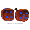 4 Inch Brown Fuzzy Dice with Royal Navy Blue Dots