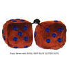 3 Inch Brown Furry Dice with ROYAL NAVY BLUE GLITTER DOTS