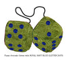 4 Inch Avocado Green Furry Dice with ROYAL NAVY BLUE GLITTER DOTS