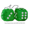 3 Inch Emerald Green Furry Dice with SILVER GLITTER DOTS