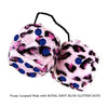 3 Inch Pink Leopard Fluffy Dice with ROYAL NAVY BLUE GLITTER DOTS