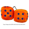 3 Inch Orange Fuzzy Dice with ROYAL NAVY BLUE GLITTER DOTS