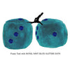 3 Inch Teal Fuzzy Dice with ROYAL NAVY BLUE GLITTER DOTS