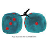 4 Inch Teal Fluffy Dice with RED GLITTER DOTS