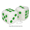 4 Inch White Fuzzy Car Dice with Dark Green Dots