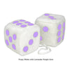 3 Inch White Fuzzy Car Dice with Lavender Purple Dots