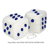 3 Inch White Fuzzy Car Dice with ROYAL NAVY BLUE GLITTER DOTS