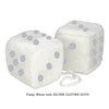 4 Inch White Fuzzy Car Dice with SILVER GLITTER DOTS