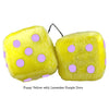 3 Inch Yellow Fuzzy Dice with Purple Lavender Dots