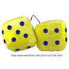 4 Inch Yellow Fluffy Dice with ROYAL NAVY BLUE GLITTER DOTS