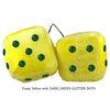 4 Inch Yellow Fluffy Dice with DARK GREEN GLITTER DOTS