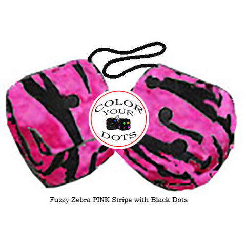 4 Inch Zebra Pink Fuzzy Dice with Black Dots